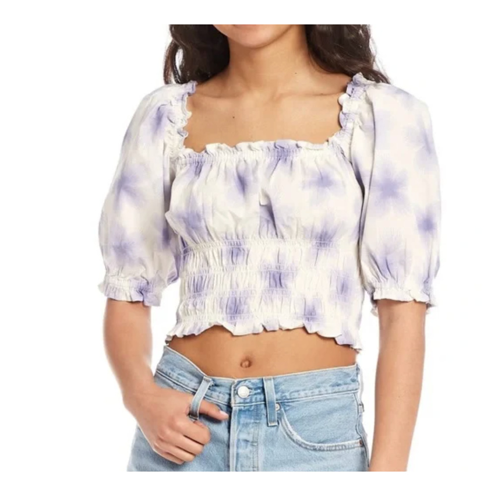 LEVI'S Women's Short Sleeve Square Neck Tilly Smocked Crop Top Purple NWT - Picture 1 of 6